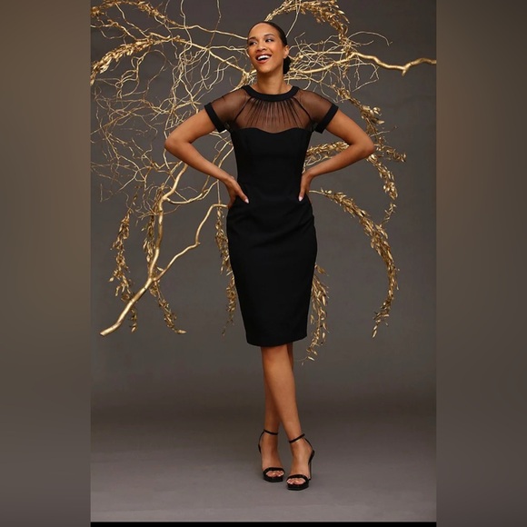 MAGGIE LONDON Women’s Black Illusion Round Neck Cap Sleeve Sheath Dress - Size 6 - Picture 6 of 11